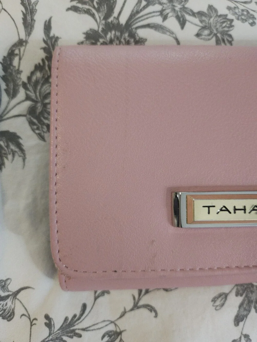 Tahari Light Pink Leather Compact Wallet with Metal Logo